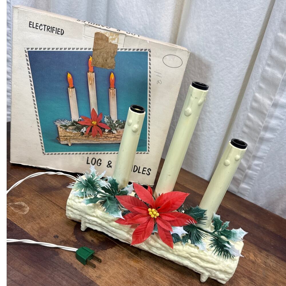 Union Log & Candles Electrified Vintage Christmas Mantle Centerpiece Decoration